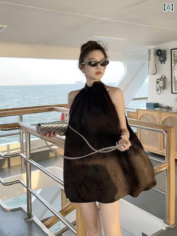 ワンピース ロング マキシ丈 なの 立体的な バラの 花の オフショルダー ワンピース 女性 2025夏の ハイエンド ホルターネック ノースリーブ ショート スカート