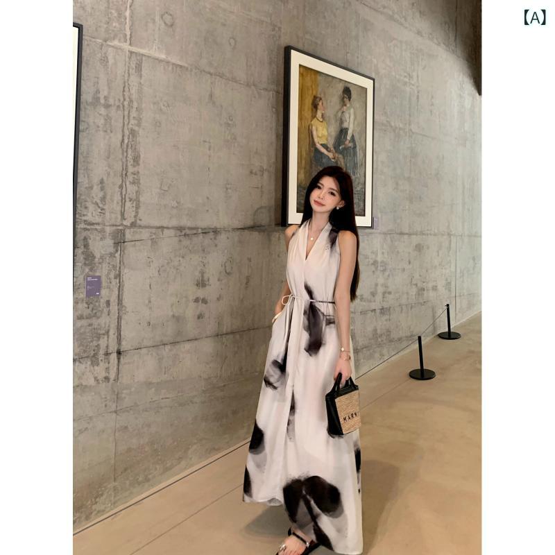 衣装 ロング マキシ丈 笹尾の プチプリント V素っ首 シュロの葉 ノースリーブ衣装 夏 成人女性 ホルターネックロングワンピース