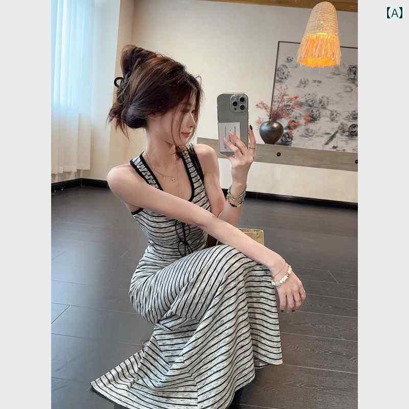 ワンピース ロング マキシ丈 胸 パッド 付き ウエスト スリミング ホット ガール ヒップ ロング スカート 夏用 女性用 バックレス ストライプ ホルターネック サスペンダー ドレス