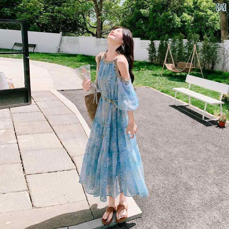 ワンピース ロング マキシ丈 ブルーの オフショルダー ホルターネックワンピース レディース 2025夏 フレンチスタイル ユニークで 美しい プリント 柄 海辺の 休日 スタイル ロング ワンピース