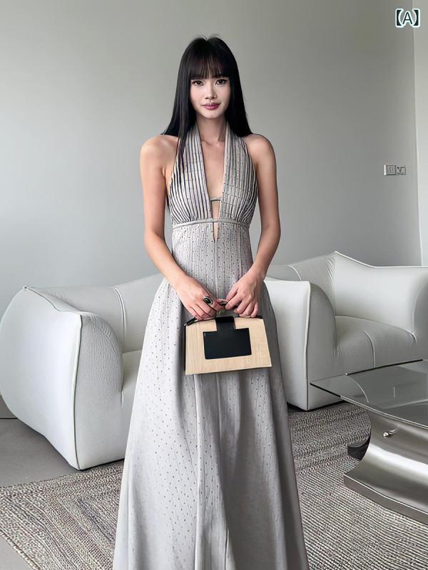 ワンピース ロング マキシ丈 ホット ガール 重厚 ラインストーン ノースリーブホルター ネック バックレス ドレス 女性 夏 スリムフィット サスペンダー ロング|ホープ