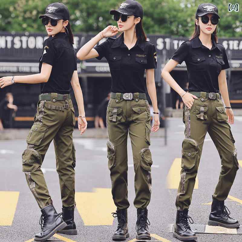 迷彩 カモ柄 パンツ 2025夏の 迷彩 スーツ 女性用 スリム ファッション 伸縮性 作業着 ツーピース セーラー ダンス 衣装