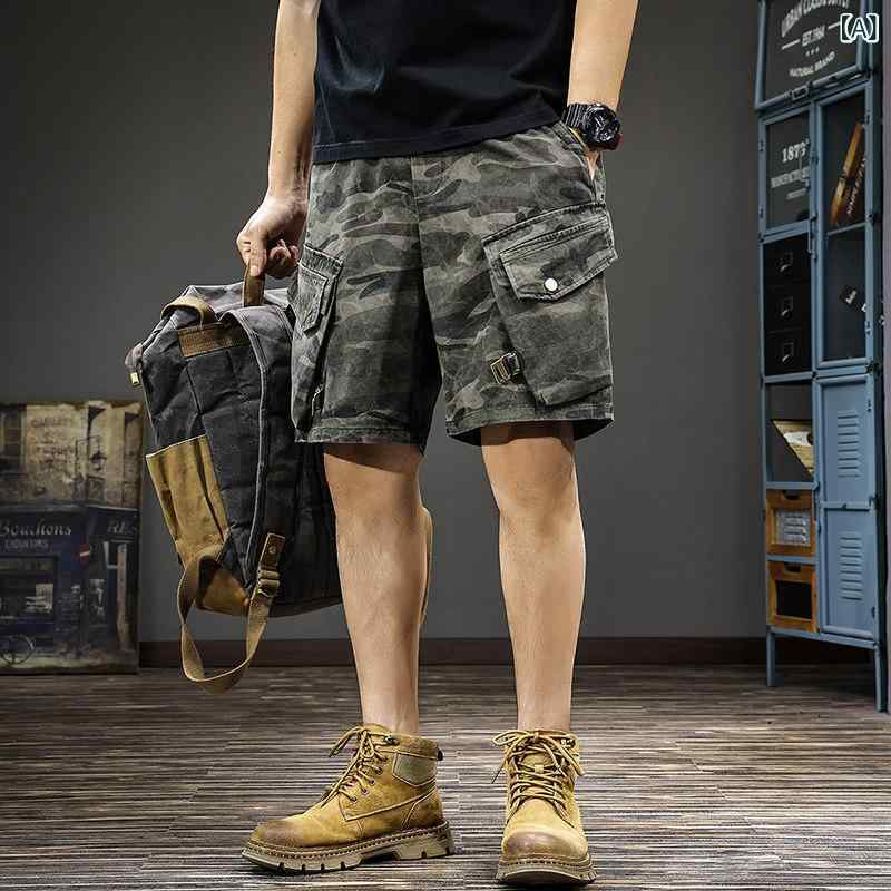 迷彩 カモ柄 パンツ 夏の 迷彩 メンズショート パンツ アメリカン ウォッシュ 加工 ダメージ オーバー オール ゆったり 大きめ サイズ 薄手 ワイド レッグ ショート