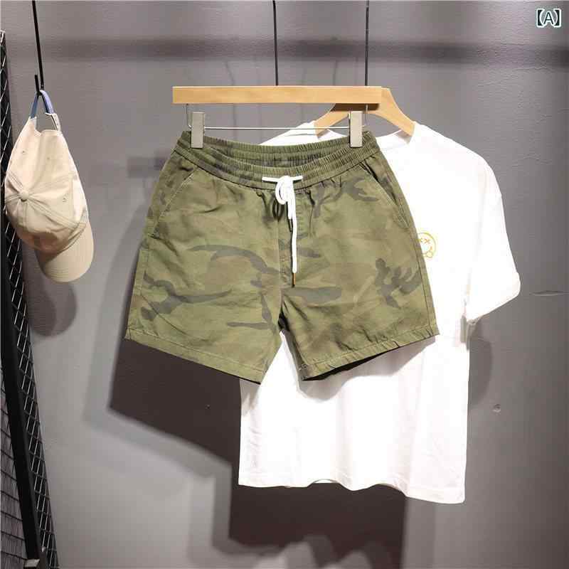 迷彩 カモ柄 パンツ 毒の ある 欧米風の シンプル 伸縮性の ウエストの カジュアル ショート パンツ メンズ 個性的な プリントの 迷彩 パンツの 夏の 薄手 4点