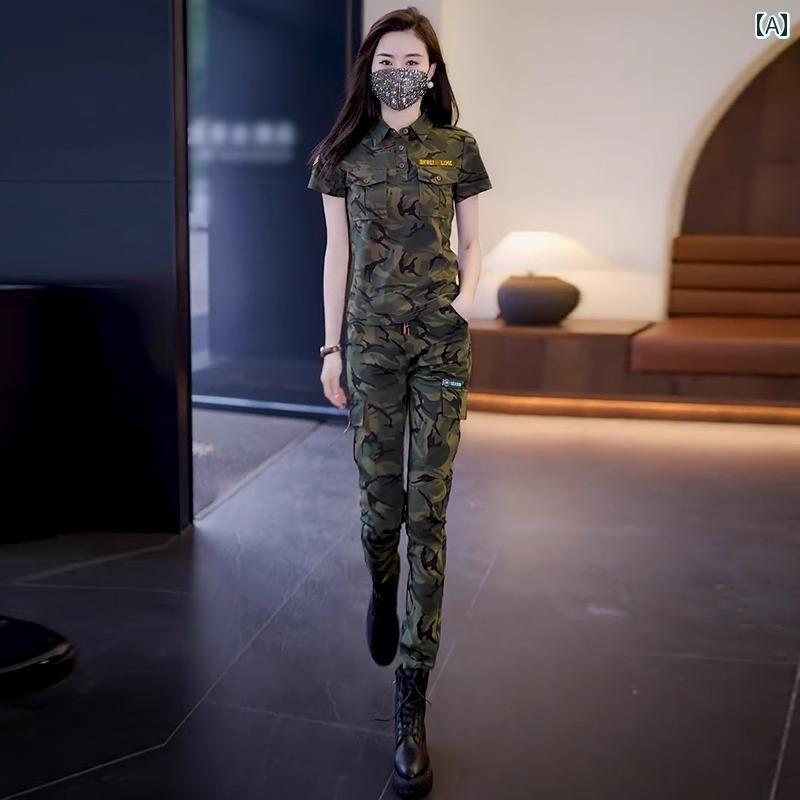 迷彩 カモ柄 パンツ 半袖 Tシャツ 迷彩 スーツ 女性 2025 夏 スタイル 質 年齢を 下げる ファッション アウトドア スポーツ ツーピース