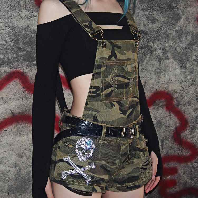 迷彩 カモ柄 パンツ デニム 迷彩 ホット ラインストーン スカル ストラップ ショーツ ツーウェイ ウェア ホール ジャンプスーツ レトロ ガール