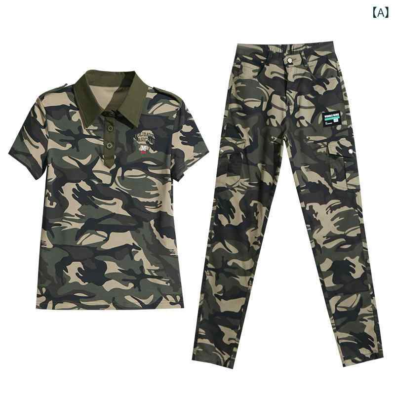 迷彩 カモ柄 ファッション 服 女性用 迷彩 スーツ 2025夏 スタイル 綿 カジュアル パンツ 薄手 スリム ツーピース