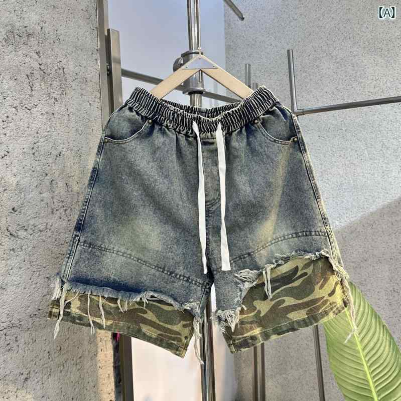 迷彩 カモ柄 ファッション 服 2025夏 ファッション スプライシング デニムショートパンツ メンズ テクスチャ カジュアル 5点 パンツ ミドル 丈
