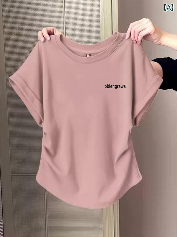 レディース トップス きれいめ 韓国 小さめの フライング スリーブ ストレート ショルダー 綿 半袖 Tシャツ レディース 2025夏 イレギュラー プリーツ ウエスト トップス