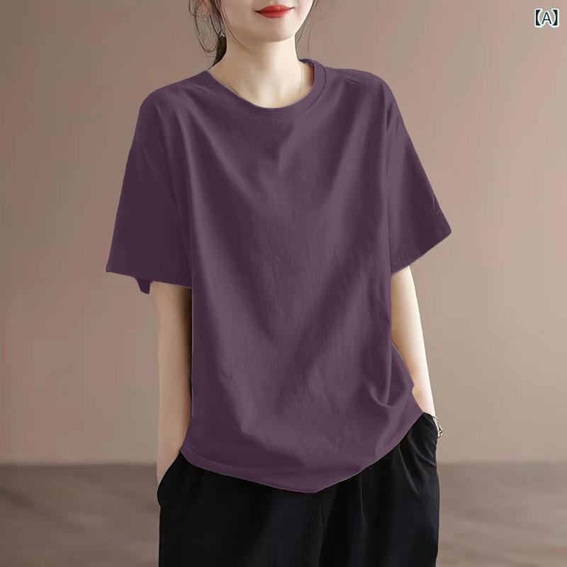 レディース トップス きれいめ 韓国 ゆったり 丸 首の お腹を 覆う 綿の 半袖 Tシャツ 女性用 2025夏の 無地 ショルダー レイヤリング シャツ トップ｜ホープ