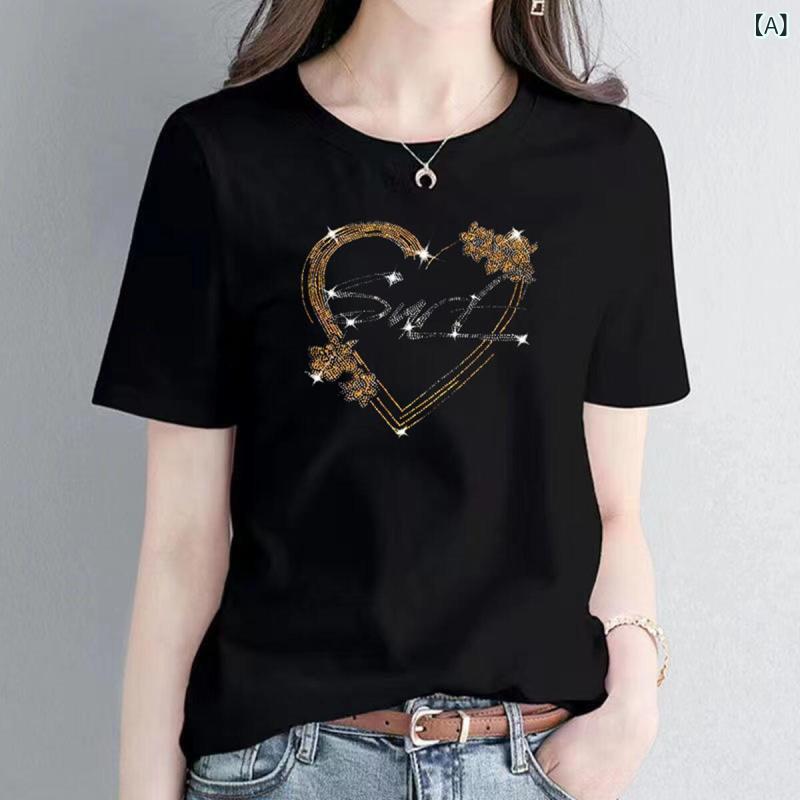 レディース トップス きれいめ 夏の 女性用 半袖 Tシャツ 薄手 スタイル 2025年の 新 韓国 ラウンドネック で スリム プリント ショート トップ｜ホープ
