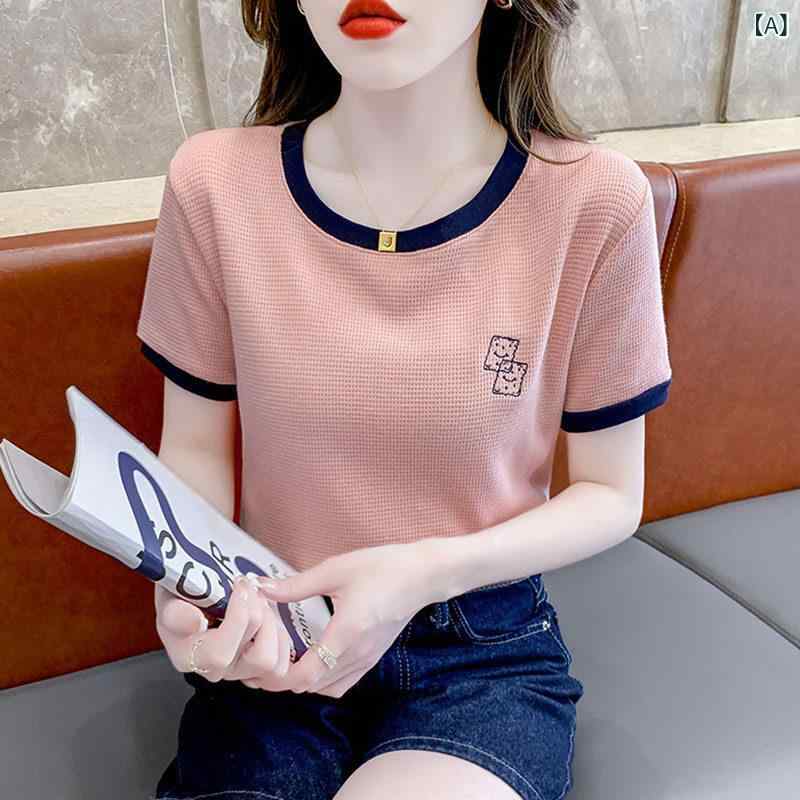 レディース トップス きれいめ 韓国 綿 半袖 Tシャツ 女性用 2024夏の 刺繍 シャツ スタイリッシュで ユニークな トップス ショート スタイル