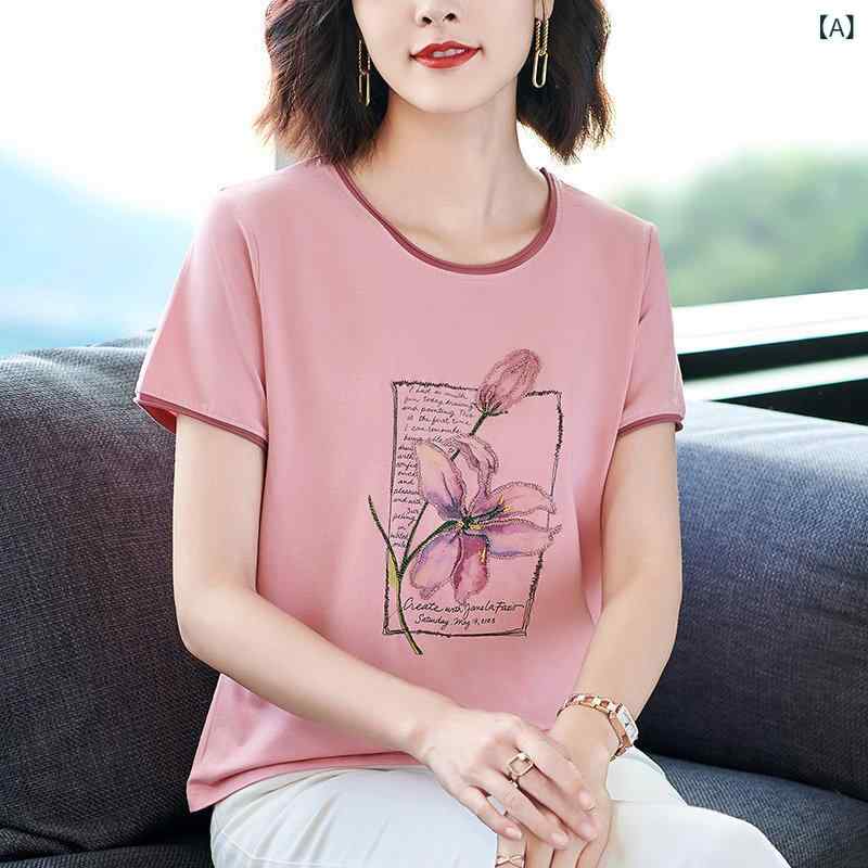 レディース トップス きれいめ 精巧の 肩 大きめ サイズ 半袖 Tシャツ 中年 母親の 立体 刺繍 トップス レディース 夏の 綿