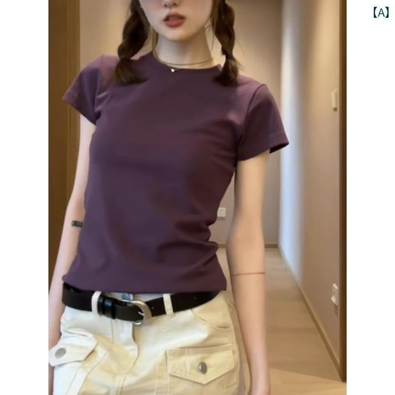 レディース トップス きれいめ 2025夏の レディース ストレート ショルダー 半袖 Tシャツ スリムフィット 韓国 万能 トップス