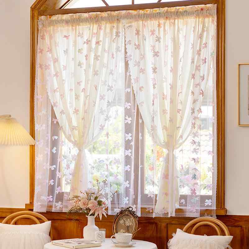 カーテン レースカーテン 遮光カーテン フランスの 二 重層 プリンセス スタイル レース ピンクの 蝶 ガーゼ カーテン 子供 部屋 寝室小 窓 ドア パーティション