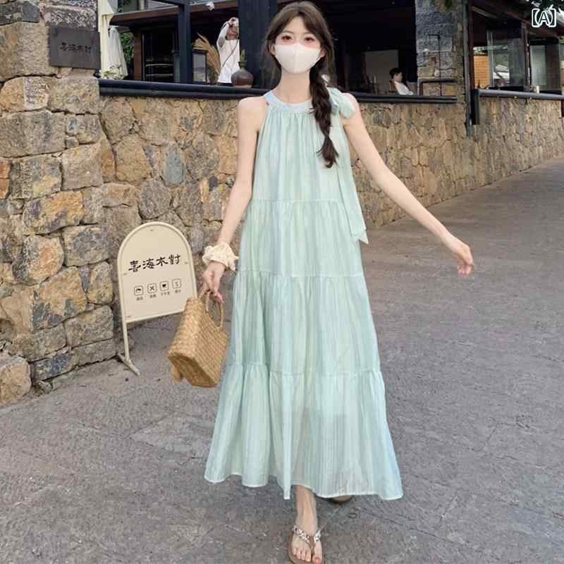 ワンピース ロング マキシ丈 ボヘミアン ミント グリーン ホルターネック サスペンダー ドレス 女性 夏 裕福な 娘 ドーパミン 海辺 休日 ビーチ