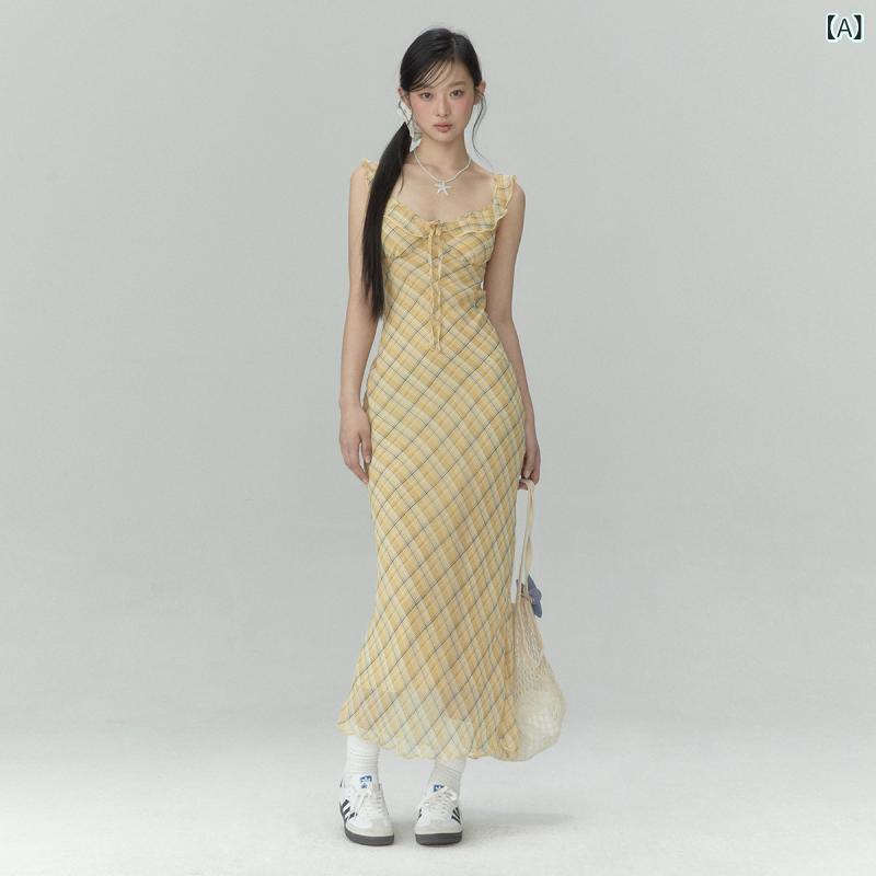 ワンピース ロングワンピース マキシワンピース weekendhub イエローの チェック 柄 ドレス フレンチ チュール スリムフィット レディース 2025年 ロング スカート スリム｜ホープ