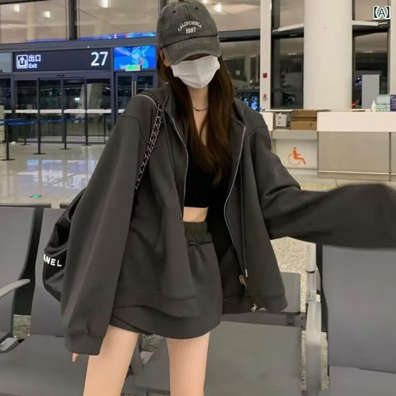 レディース トップス パーカー 女性用 グレー セーター ジャケット 夏 薄手 ミディアム 丈 韓国 ゆったり カーディガン ジッパー フード付き アメリカン スタイル