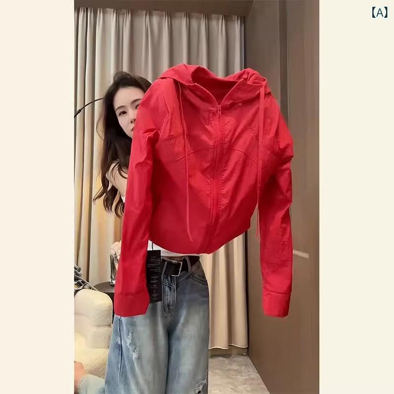 レディース トップス パーカー の 商品 ホット 高級 感 かっこいい ドーパミン レッド ライト フード付き 日焼け防止 ジャケット 女性用 夏｜ホープ