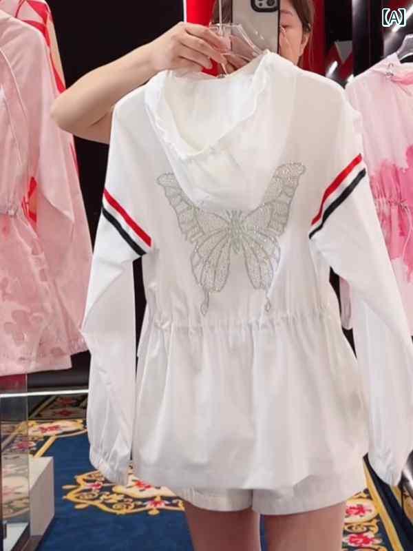 レディース トップス パーカー 夏用 ツー バー フード付き ラインストーン 長袖 ジャケット 女性用 2024年 な ウエストに フィット する アウトドア用 ホワイト 日焼け防止 服 ライト