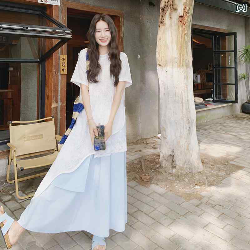 ワンピース ロング マキシ丈 オフ ホワイトの カーディガン ドレスの 婦人服 夏服 ゆったり レースの スプライシング ハーフ 丈 スカート 3 ピース スーツ|ホープ