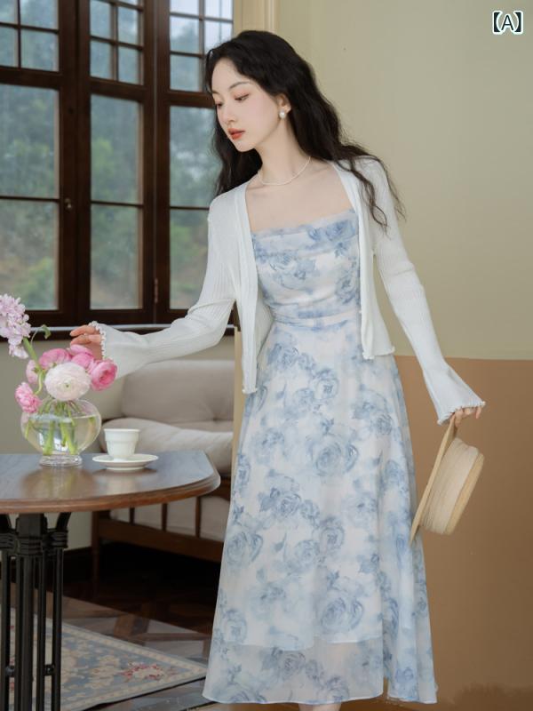 ワンピース ロング マキシ丈 2025夏 ドーパミン 美しい 小さい スカート ブルー サスペンダー ドレス スーパー フェアリー シーサイド バケーション ビーチ ロング
