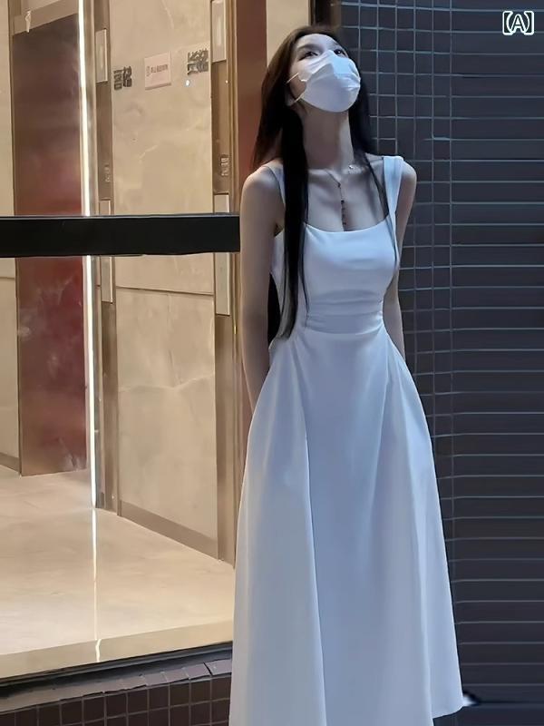 ワンピース ロング マキシ丈 女性用 ホワイト サスペンダー ドレス 夏の ティーブレイク フランス 風 お姫様 スタイル ハイエンド ウエスト aライン ノースリーブロング スカート