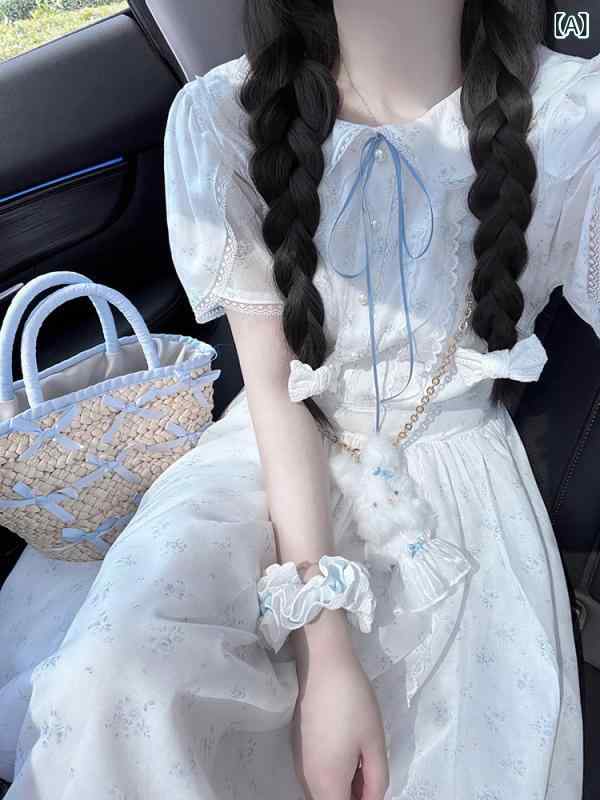 レディース ワンピース かわいい フランスの ドール カラーの 花柄 ドレス 女性用 夏 ウエスト 小さめ 初恋 美しい