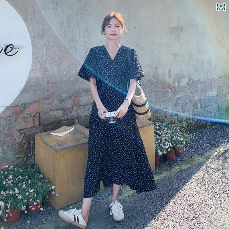 ワンピース ロングワンピース マキシワンピース 女性用 ブラック Vネック ロング ドレス 2025夏 スリム 大人っぽい の バブル スリーブ 花柄