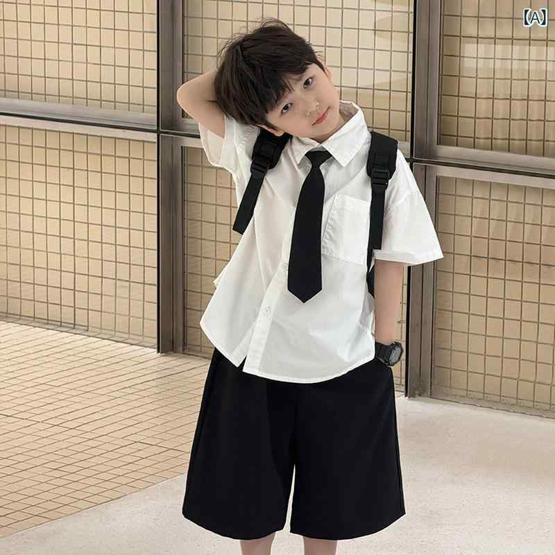 キッズ セットアップ スーツ 男の子 スーツ 2025夏 子供服 子供用 半袖 ネクタイ 白 シャツ 卒業 式 ドレス カレッジ スタイル サマー