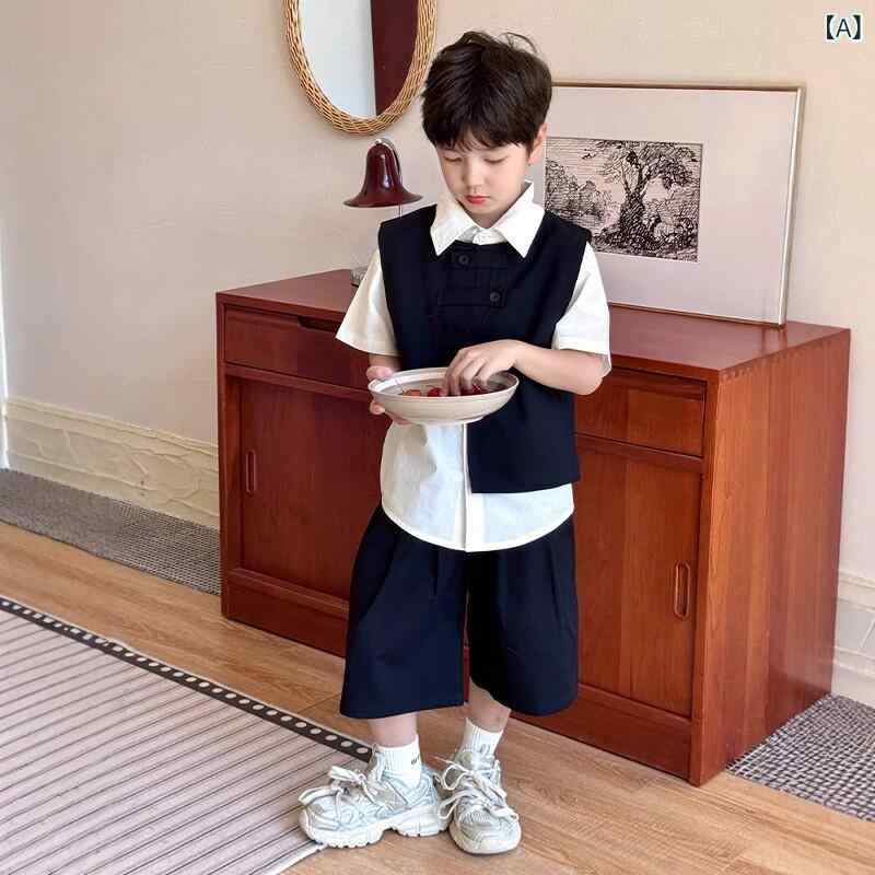 キッズ セットアップ スーツ ブリ ティッシュ ネクスト キス ボーイ スーツ 2025夏 子供用 半袖 ビッグ ベスト スリーピーススーツ