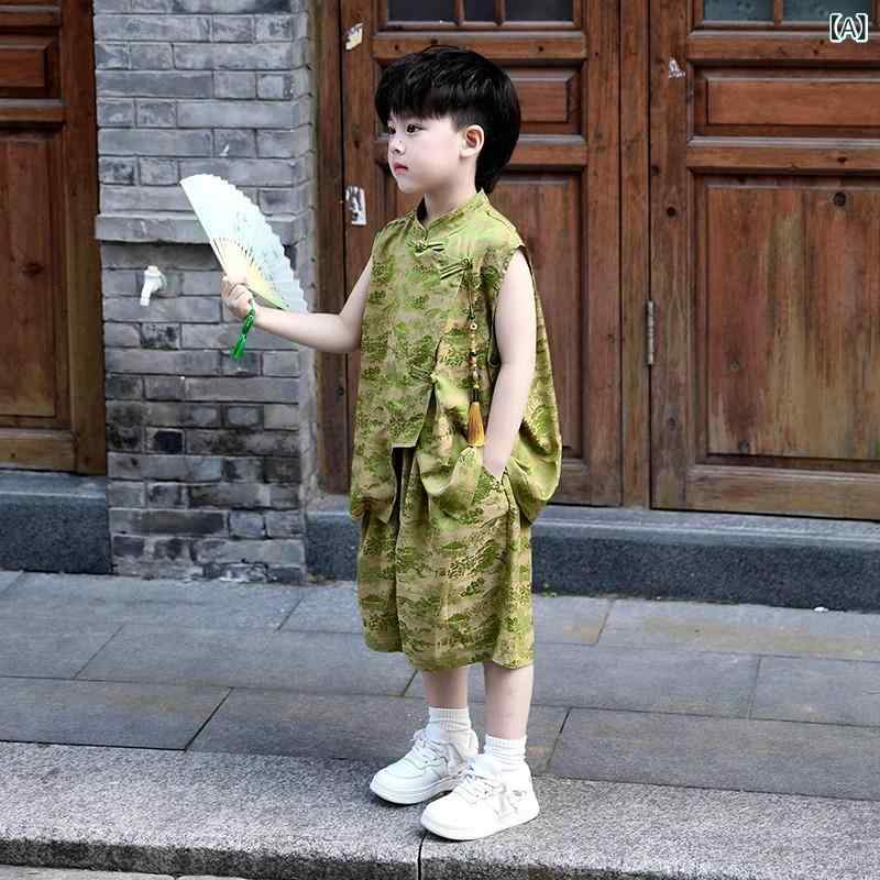 キッズ セットアップ スーツ 英国 ネクスト キスの 男の子用 スーツ 夏用 漢服 ノースリーブ レトロ 唐装 子供用 民族 風 パフォーマンス 衣装|ホープ