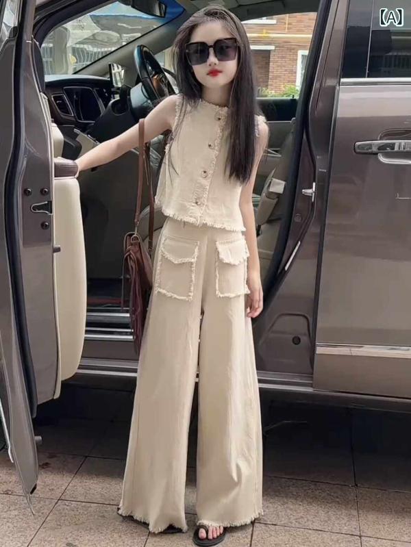 キッズ セットアップ スーツ 女の子 夏の ラフ エッジ スーツ 個性的なの 韓国 カジュアル パンツ トップス 万能な