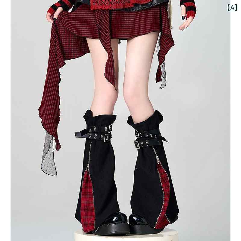 ソックス ギャル 靴下 サブカルチャーの 黒と 赤の ホット ガール ワイド レッグ ソックス Y2K ジッパー JK パイル デニム ロック パンク ベルト ブーツ