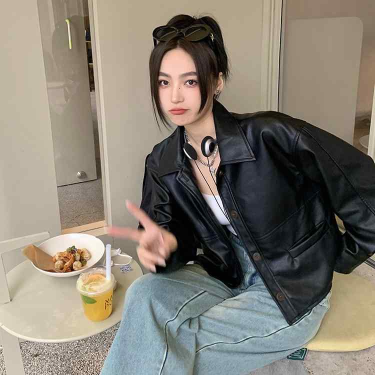 なめし革上衣 お上さん用 黒 遊撃手丈 御前上等感 レトロ むすび付けるなめし革 春 韓国表現スタイル 小っちゃい相応う 心地よい 口さかしい 着回し
