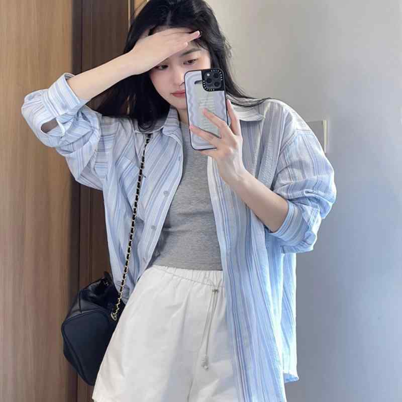 レディース 夏用 UV取りすてる 縞模様 ティーシャツ アウター 薄っぺら ゆったり フレンチ表現スタイル 青碧 トップス 心地好い 軽さ 吸湿速乾 通い 普段使い