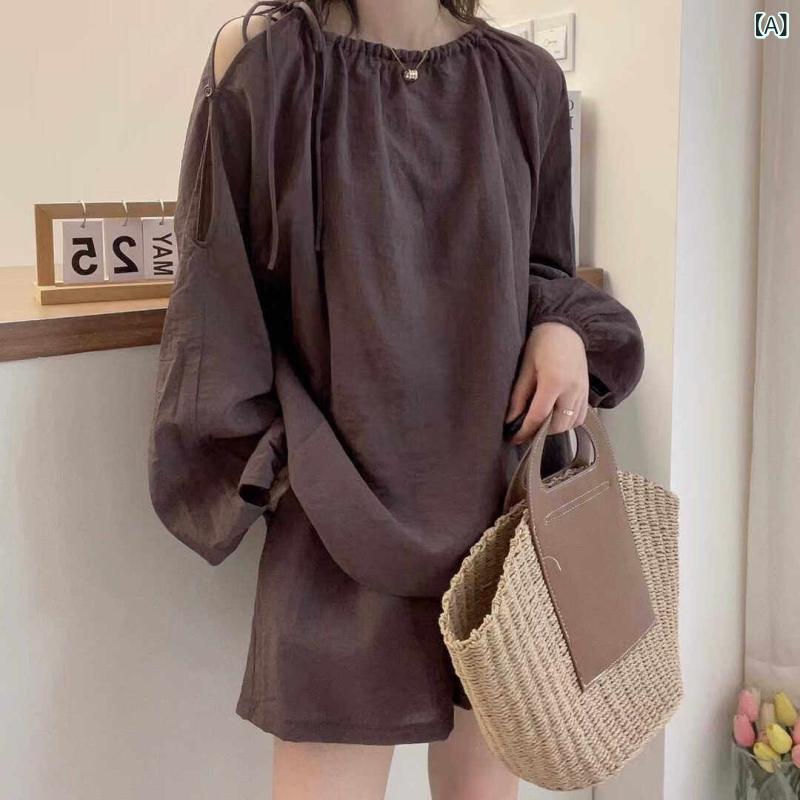 秋服 シャツ オシャレ 夏の ファッション 薄手 綿 リネンの 長袖 シャツ 西洋風の ゆったり カジュアル ショート パンツの ツーピース スーツ 女性用