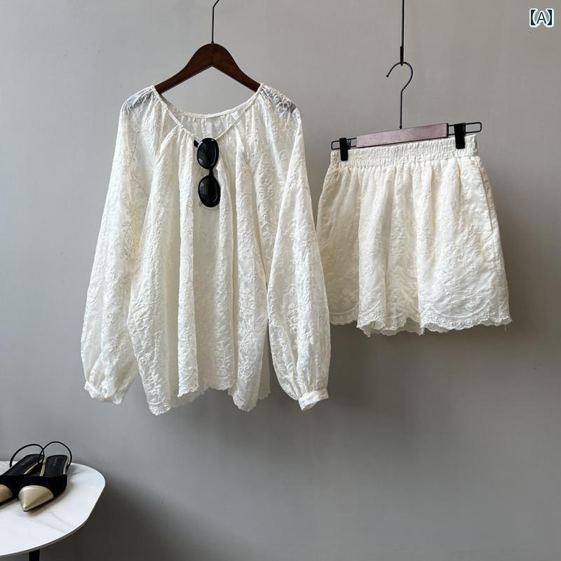 秋服 シャツ オシャレ の 刺繍入り 日焼け防止 シャツと ショーツの ツーピース スーツ 女性用 夏用 ゆったり トップスと リラックスウェア