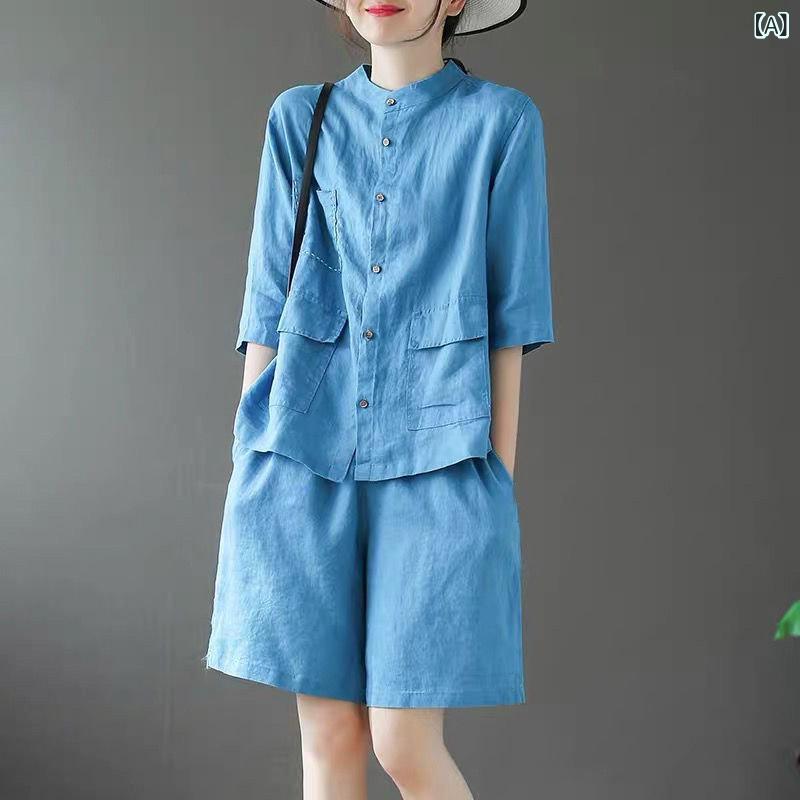 秋服 シャツ オシャレ 小さい 綿 麻の スーツ レディースの 高級 リネンシャツ 半袖 トップス カジュアル ワイド レッグ ショーツ ツーピース 夏