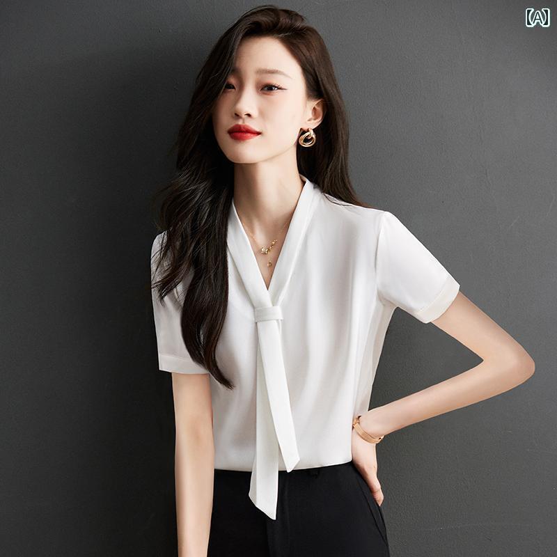 シャツ レディース おしゃれ 女性用 ホワイト 長袖 シャツ 高級 シフォン インナーウェア フレンチ リボン トップ な レディースシャツ ブラウス