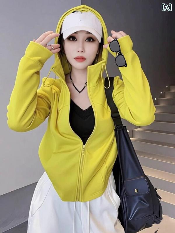 パーカー ジップ 秋冬 の 商品 高 弾性 ジャケット 長袖 Tシャツ レディース 春 フード付き ドローストリング カーディガン ジッパー アウトドア 日焼け防止 シャツ トップス