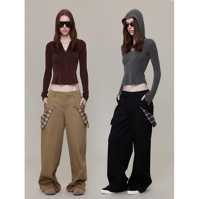 トップス 秋冬 パンツ サンプル スタディ シンプ ベルベット ハーフ オープン フード付き ストレッチ スリムフィット トップ
