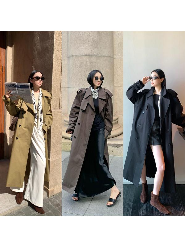 レディース トレンチコート ロング厚地の外套 アウター 亭主もち用 亭主もち服 ロング丈 ビッグ色つや 大層らしい襟 酉の方角シェイプ 細見せかけ H伝達ルート影ぼうし 狂飆遮蔽物 アンブレラヨーク 定番 古典派音楽