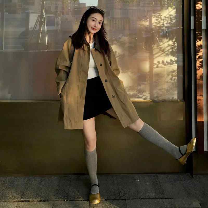 トレンチコート レディース アウター スプリングコート カーキ 上衣 羽織り 真っただ中丈 MIDI丈 小っちゃい 低身の丈 心地好い レトロ ヴィンテージ風 細工物表現スタイル 春