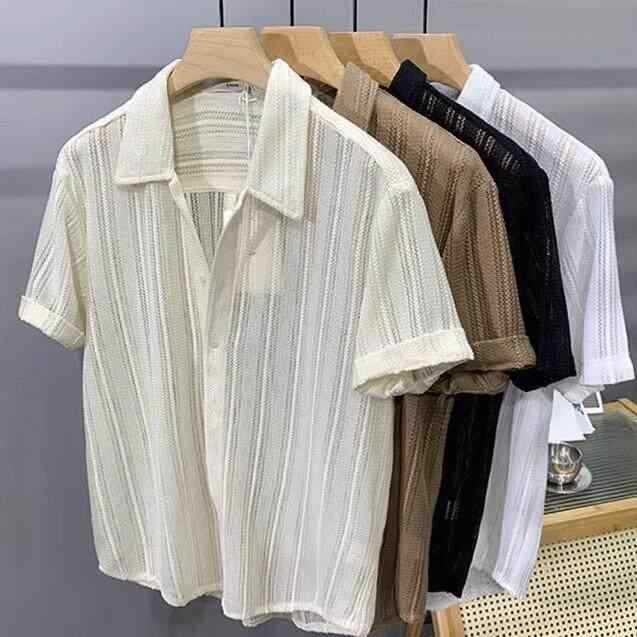 シャツ メンズ 夏用 半袖 縦ストライプ 透け感 ゆったり 落ち感 スタンドカラー カジュアル トップス 軽量 吸湿速乾 ビッグシルエット 通勤 普段使い