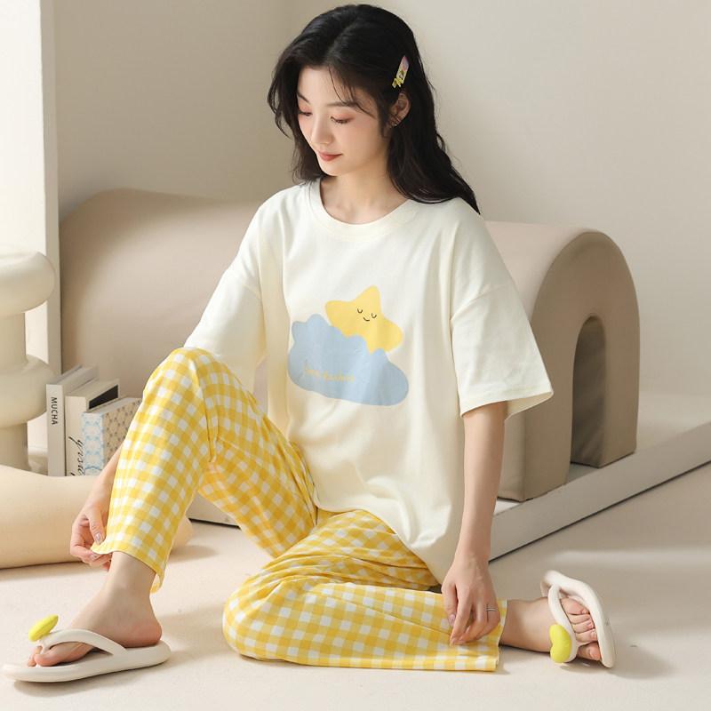 パジャマ仕掛ける レディース 夏用 照合のしるし柄 短袖トップス 長ズボン 綿原材料 胸パッド付き添い人 可愛らしい星柄 大きめ大きさ 御部屋御召しもの 吸湿速乾 軽さ 御部屋着
