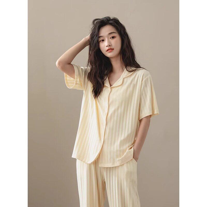 レディース 夏用 パジャマ セット 綿 薄手 大きめサイズ 短袖 ロングパンツ ゆったり リラックス 外出可 ルームウェア 吸湿速乾 軽量 ホームウェア カジュアル