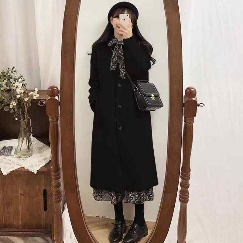 厚地の外套 レディース 黒いこと 韓国 小っちゃい相応う 中長丈 羊毛 秋冬 アウター 生あたたかい 軽さ ロング丈 今めかしい 日常使い走り