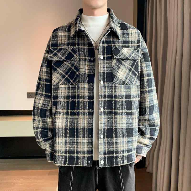 ジャケット メンズ チェック柄 ウール アウター 春秋 カジュアル 韓国 シャツスタイル ゆったり ビッグシルエット 高級感 軽量 吸湿速乾