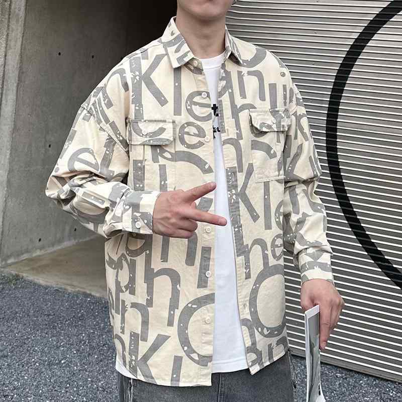 シャツ メンズ 長袖 綿100 春秋 カジュアル アルファベット プリント トップス 日常使い 快適 素材